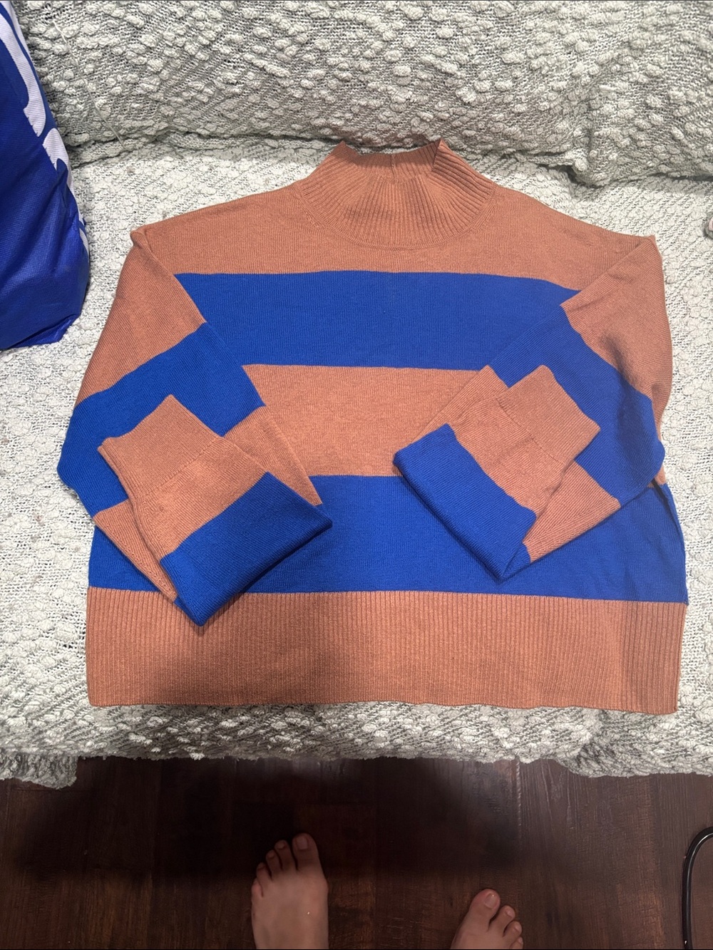 Women Striped Mock Neck Sweater in Rust and Royal Blue